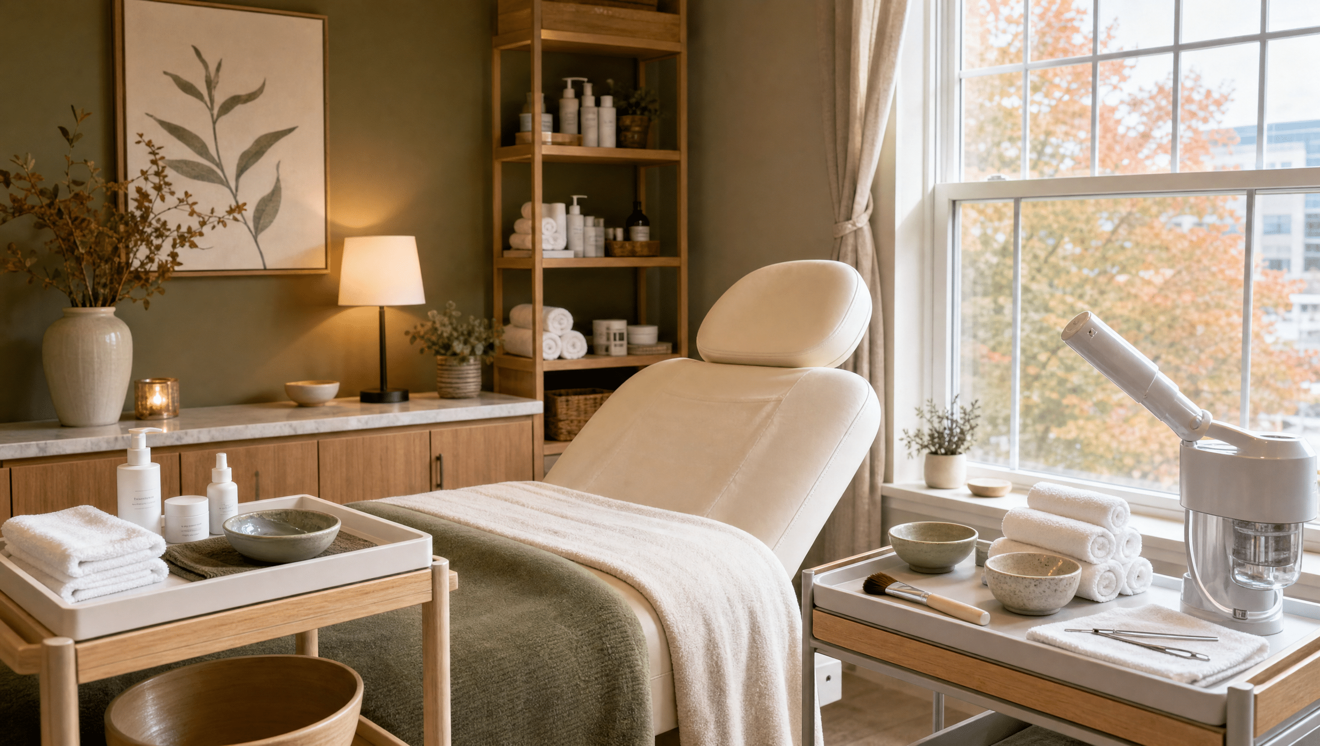 Burlington facial room with gentle skincare supplies and a professional deep-cleansing station